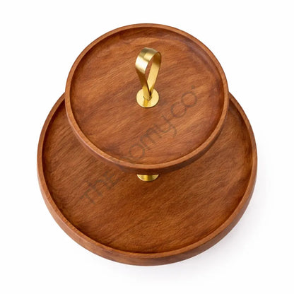 2 Tier Wooden Serving Tray with Gold Stand | Dessert Stand with Gold Metal Base - Stands