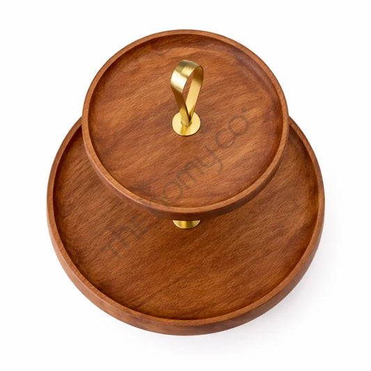 2 Tier Wooden Serving Tray with Gold Stand | Dessert Stand with Gold Metal Base - Stands