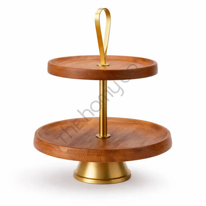 2 Tier Wooden Serving Tray with Gold Stand | Dessert Stand with Gold Metal Base - Stands