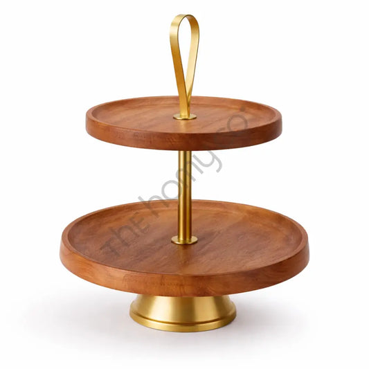 2 Tier Wooden Serving Tray with Gold Stand | Dessert Stand with Gold Metal Base - Stands