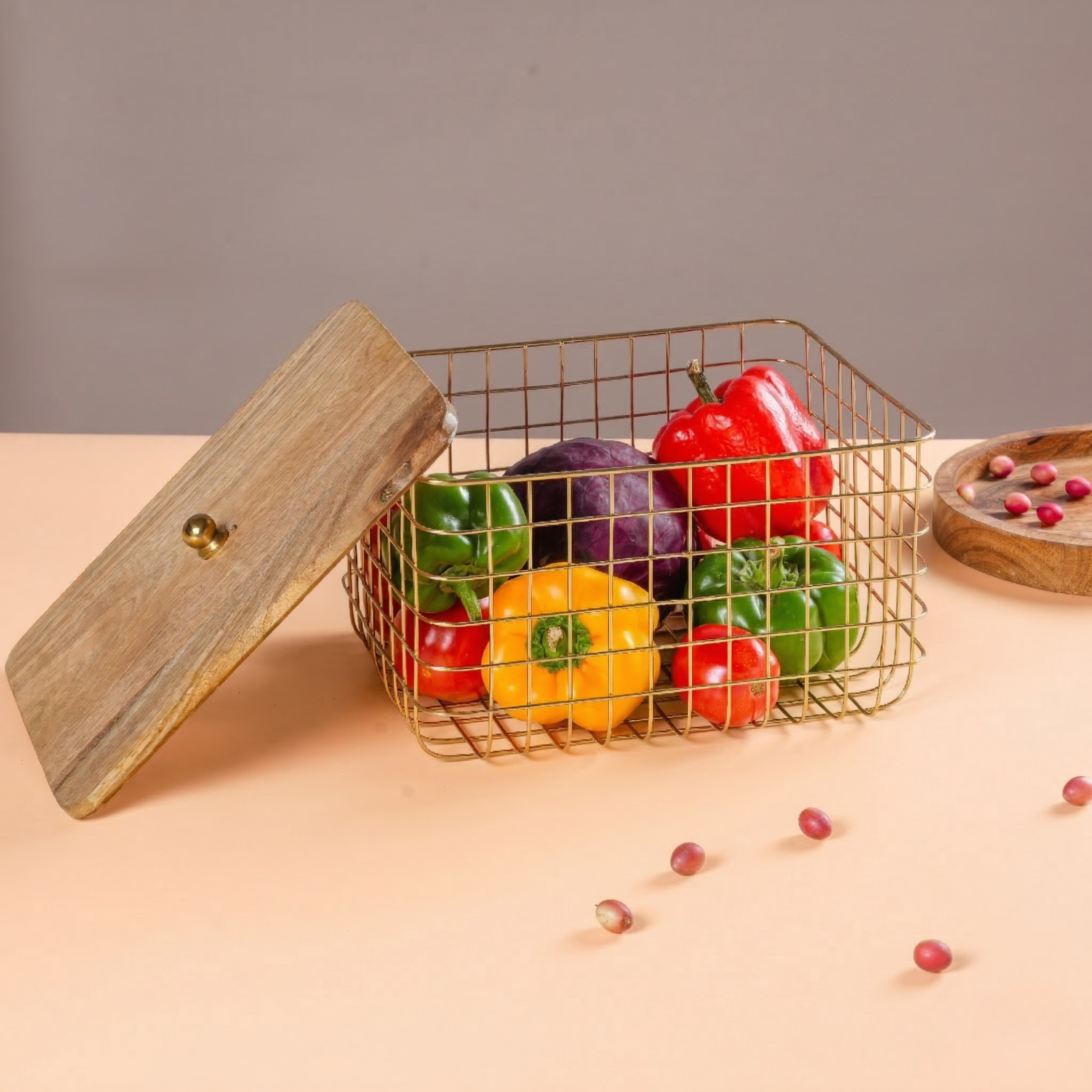 Gold Plated Wire Storage Basket With Wooden Top Lid Vegetable Holder | Kitchen Counter Fruit & Vegetable Basket