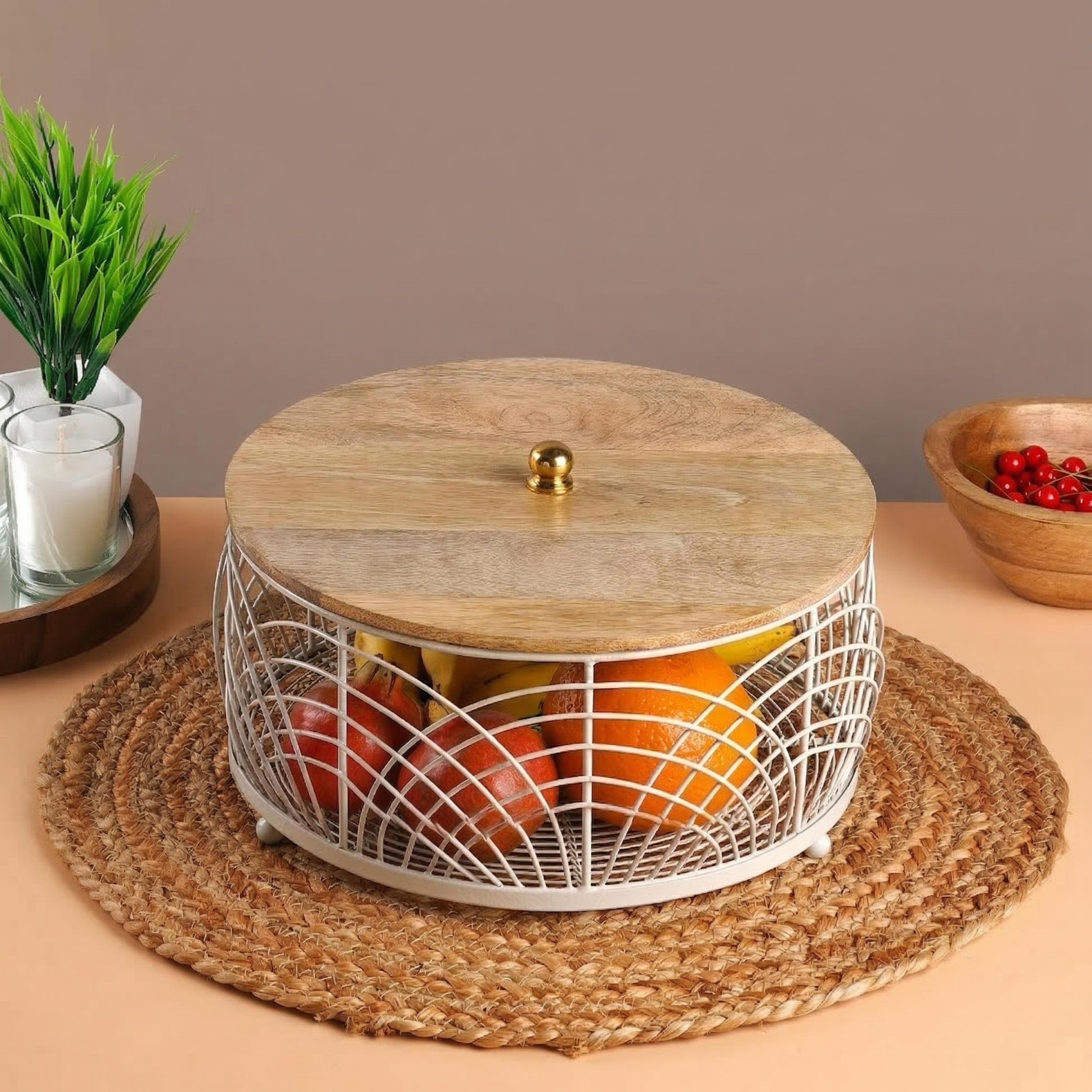 Decorative Metal Fruit Basket with Wooden Lid – Kitchen Countertop Storage Organizer