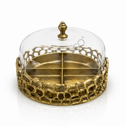 4 Section Serving Tray with Glass Dome | Gold Snack & Dry Fruit Organizer - Treys