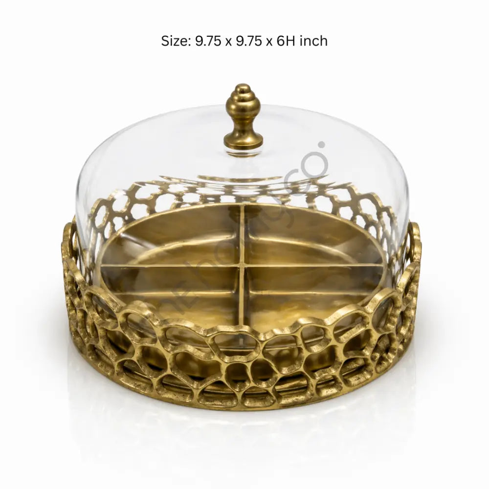 4 Section Serving Tray with Glass Dome | Gold Snack & Dry Fruit Organizer - Treys