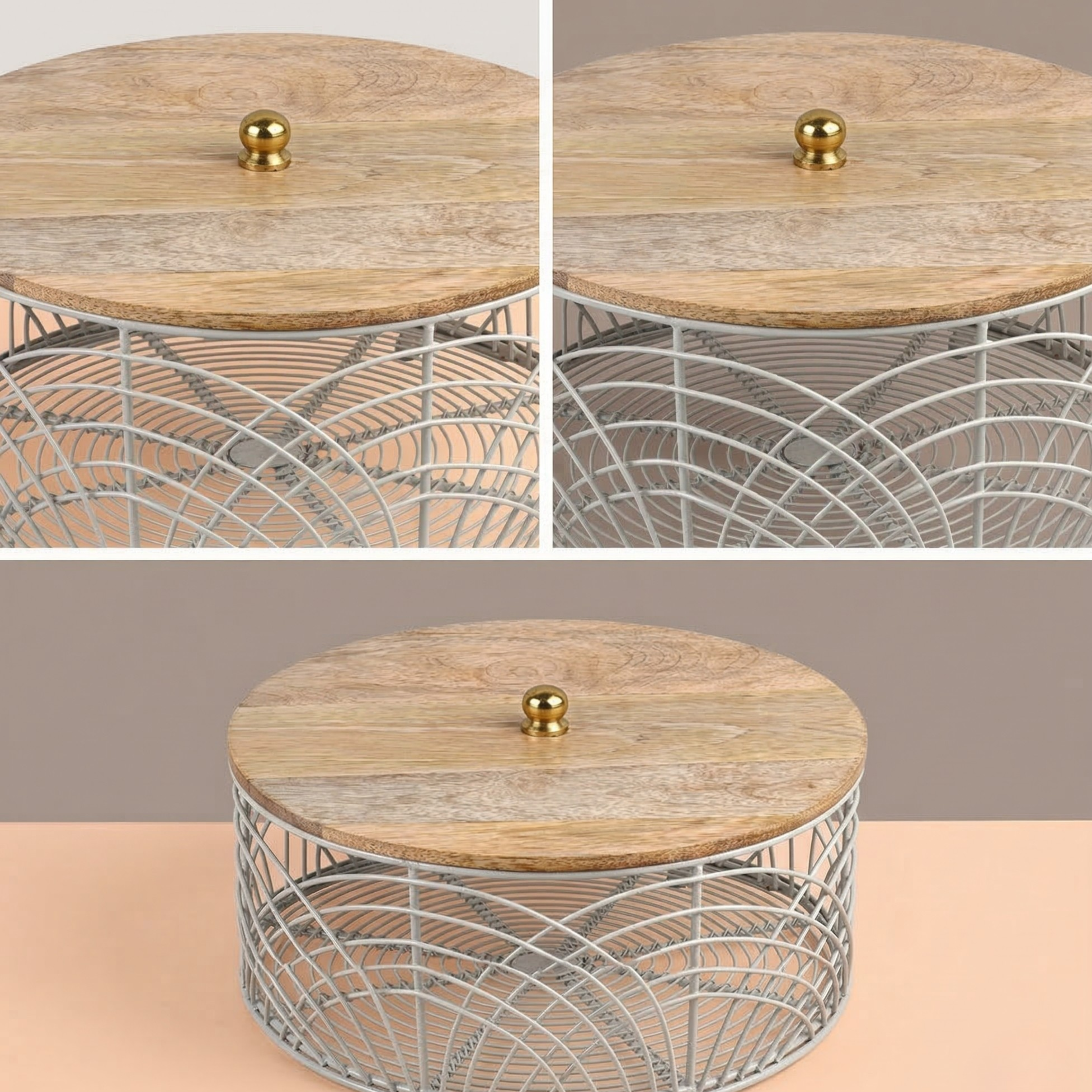 Decorative Metal Fruit Basket with Wooden Lid – Kitchen Countertop Storage Organizer