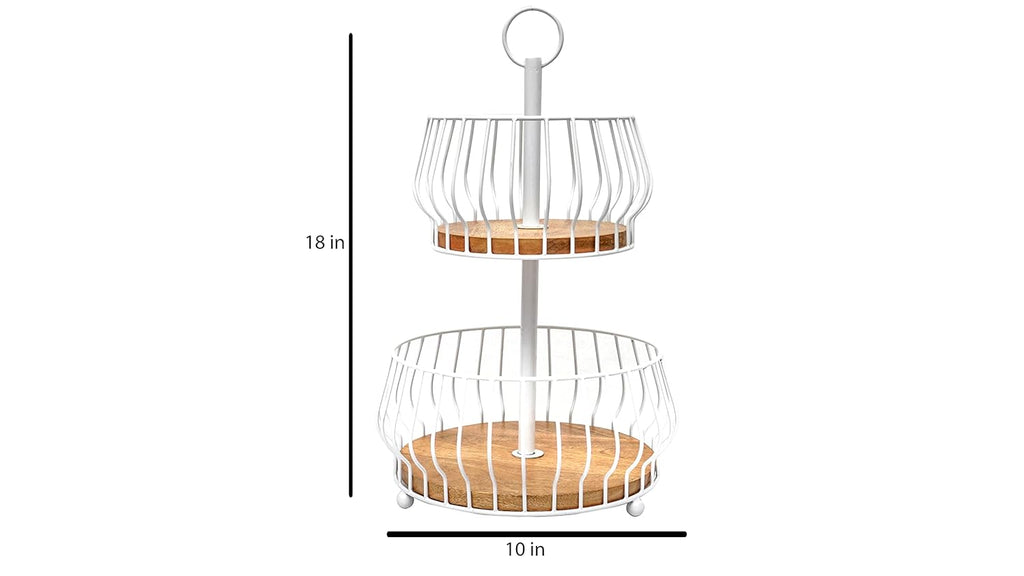 Double Layer Fruit Basket Stand | Metal Fruit Holder with Wooden Base