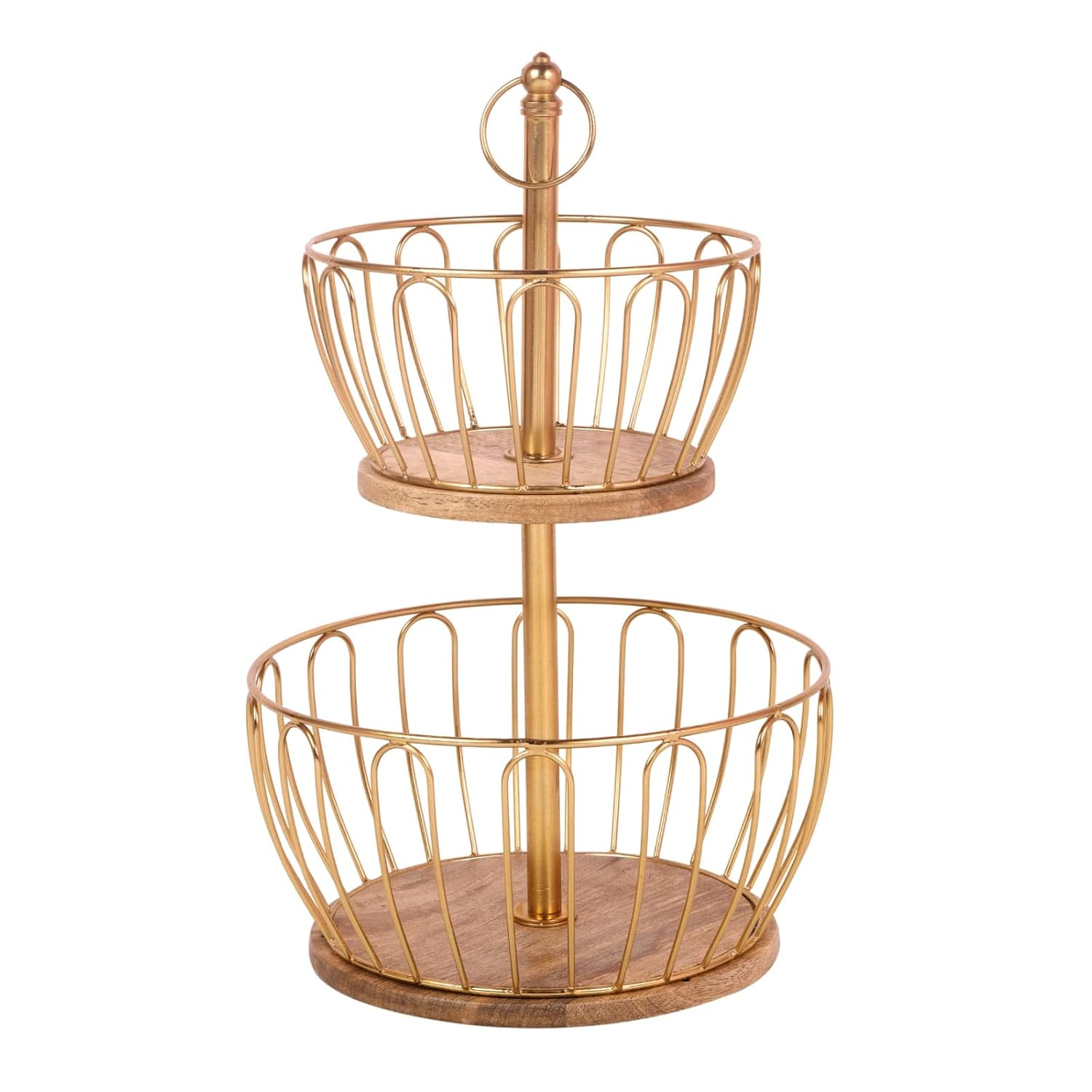 Two-Tier Gold Metal Fruit Basket Stand with Wooden Base | Kitchen Counter Organizer