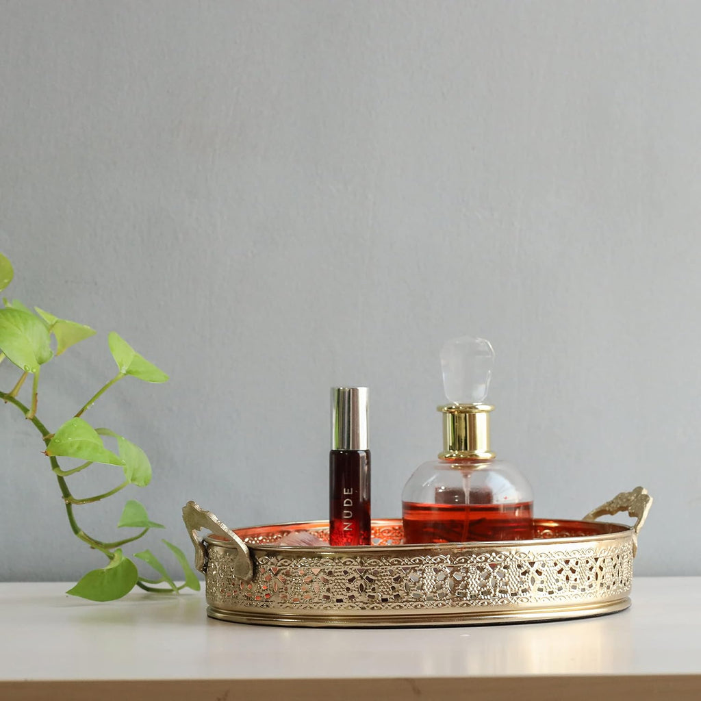 Decorative Gold Mirror Tray with Handles | Oval Vanity & Serving Tray