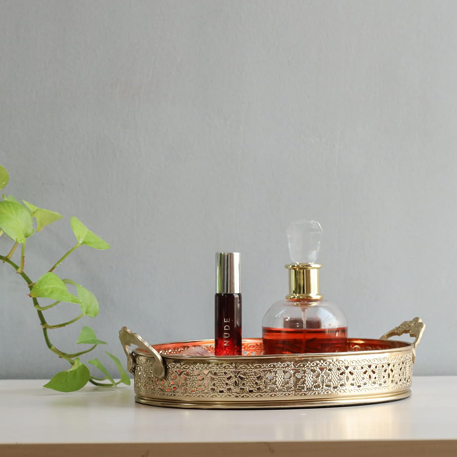 Decorative Gold Mirror Tray with Handles | Oval Vanity & Serving Tray