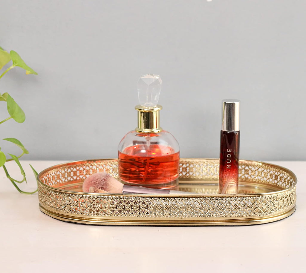Decorative Gold Metal Vanity Tray | Oval Makeup & Perfume Organizer
