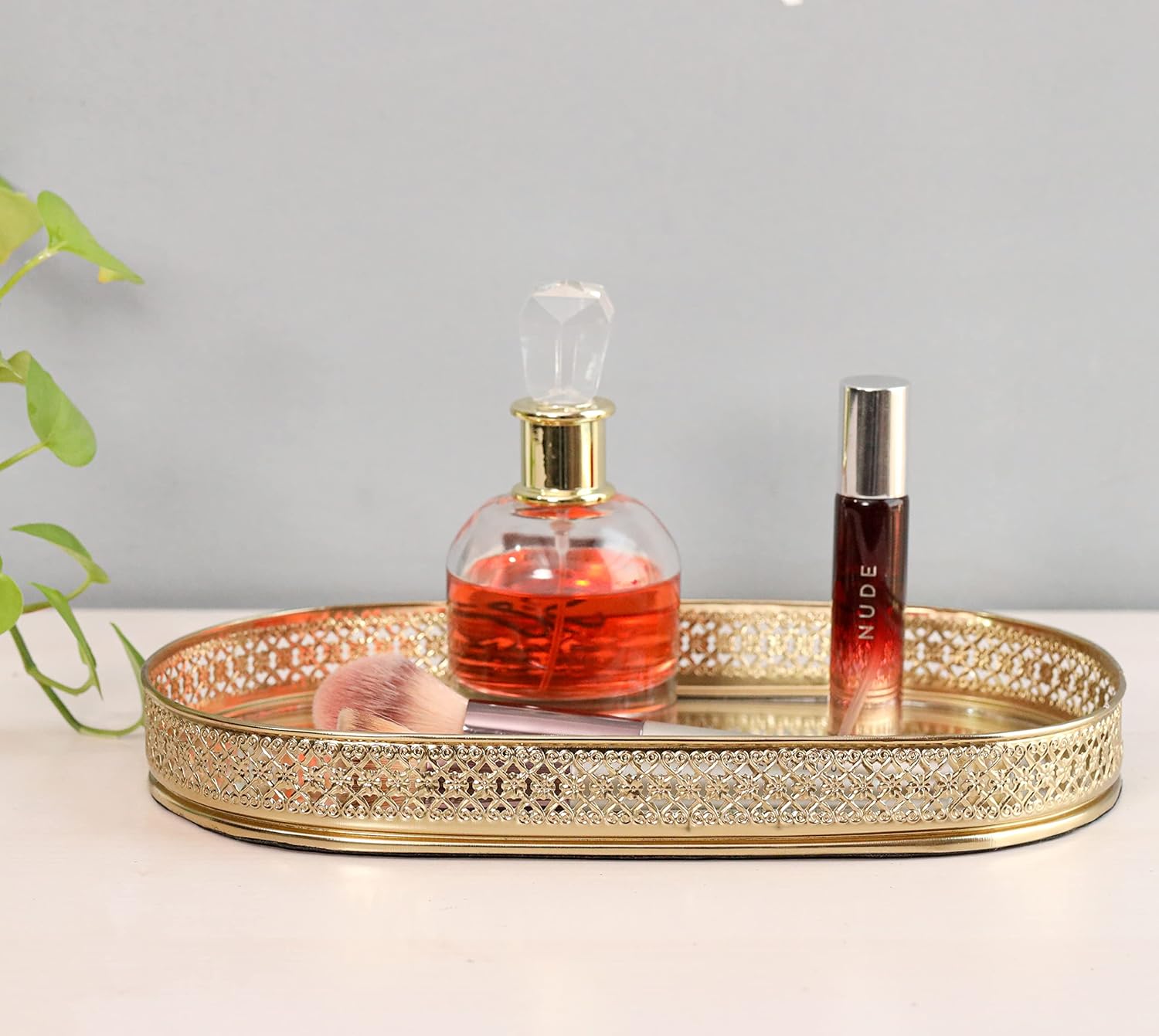 Decorative Gold Metal Vanity Tray | Oval Makeup & Perfume Organizer