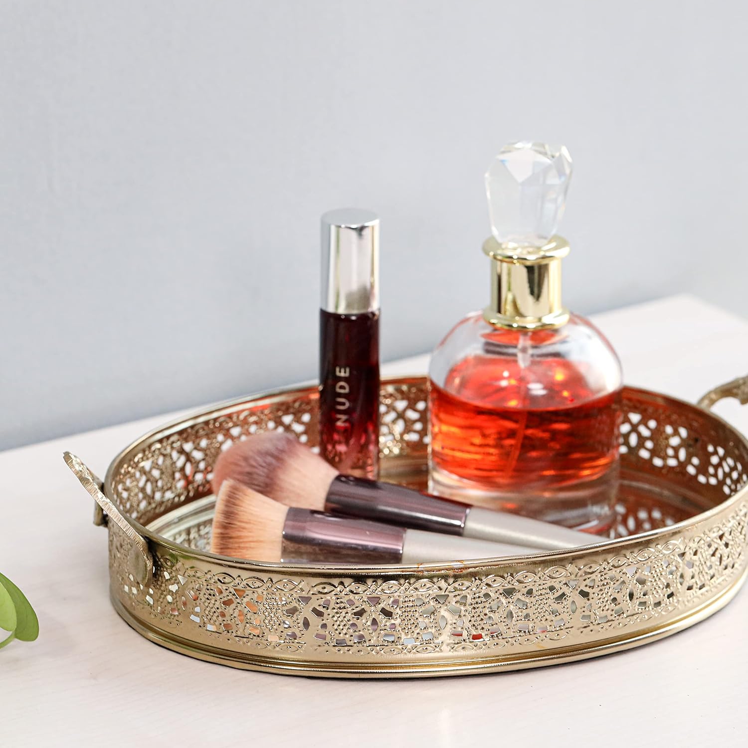 Decorative Gold Mirror Tray with Handles | Oval Vanity & Serving Tray
