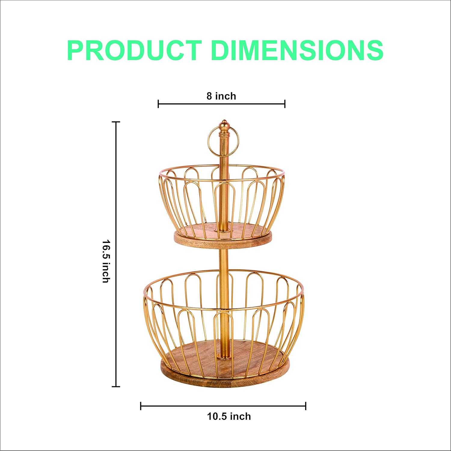 Two-Tier Gold Metal Fruit Basket Stand with Wooden Base | Kitchen Counter Organizer