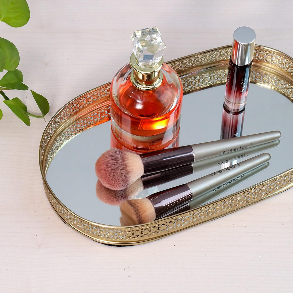 Decorative Gold Metal Vanity Tray | Oval Makeup & Perfume Organizer