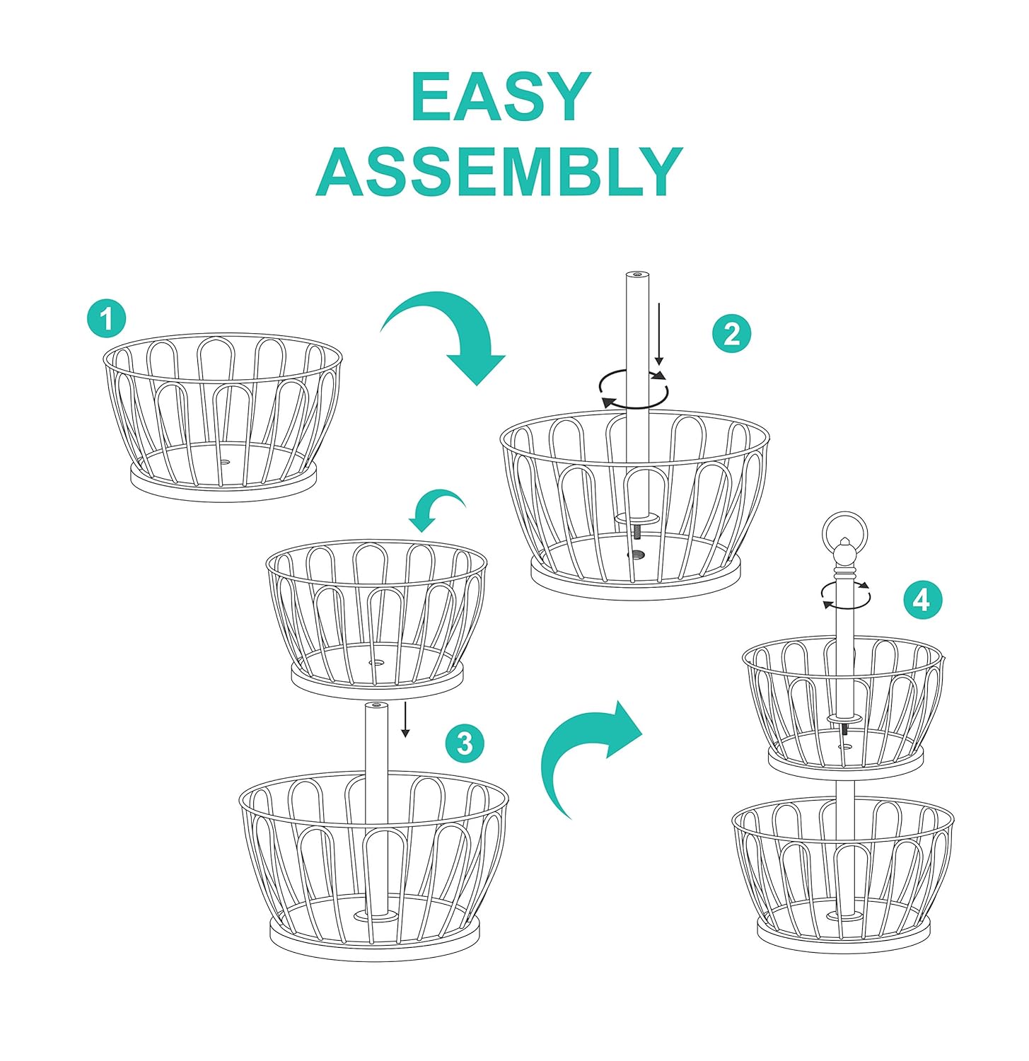 Two-Tier Gold Metal Fruit Basket Stand with Wooden Base | Kitchen Counter Organizer