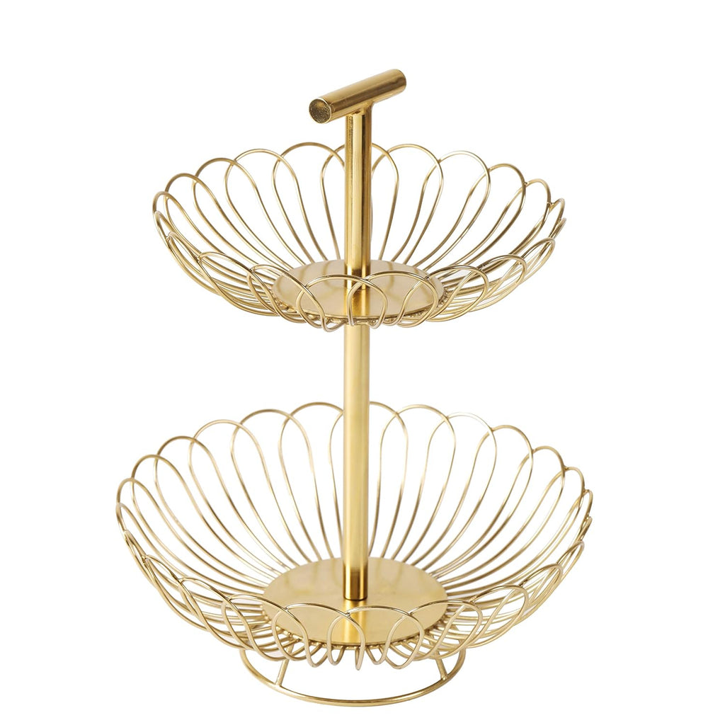 Two-Tier Gold Metal Fruit Basket Stand | Decorative Kitchen Counter Organizer