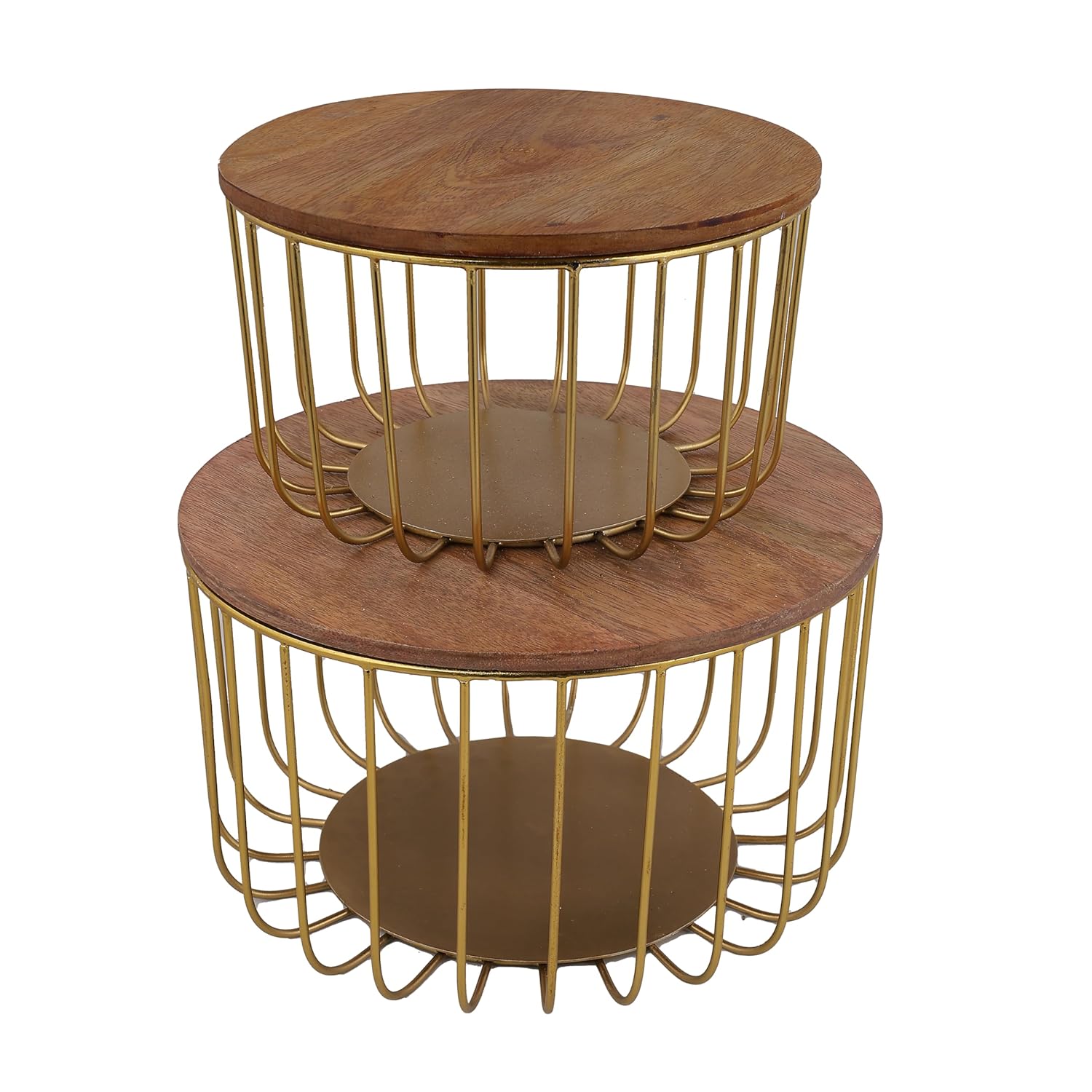 Round Nesting Side Table Set | Modern Metal Wire Accent Tables with Wooden Top