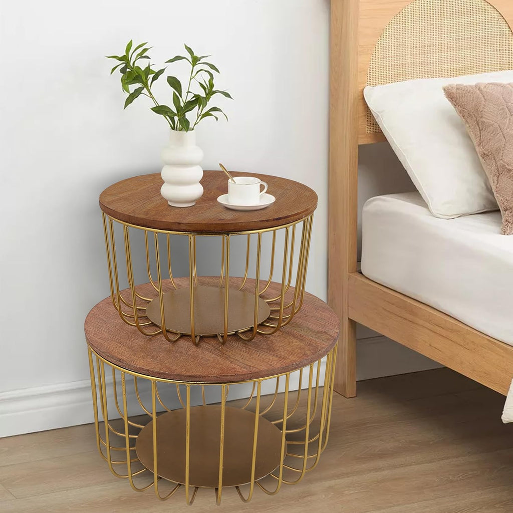 Round Nesting Side Table Set | Modern Metal Wire Accent Tables with Wooden Top