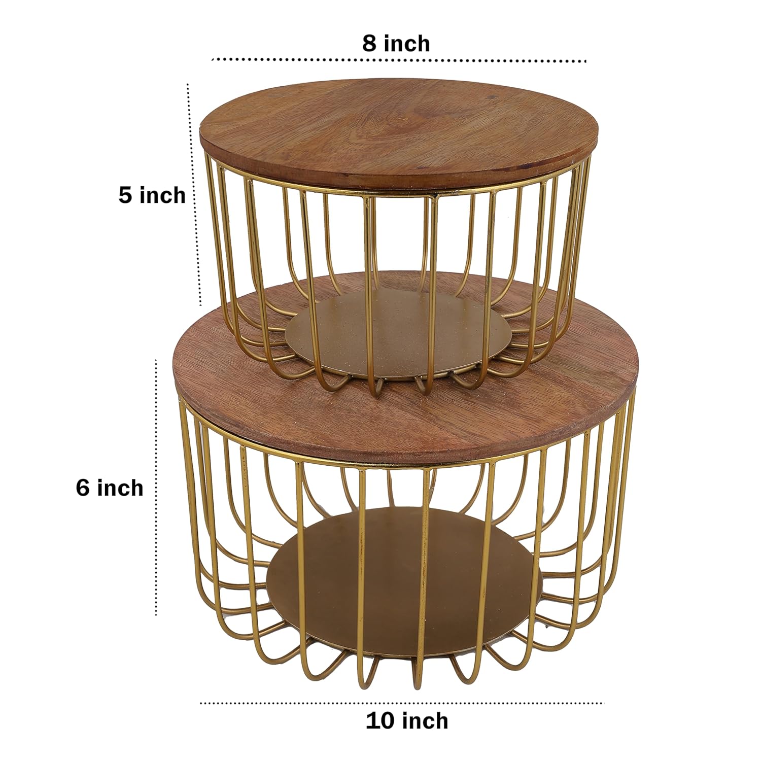 Round Nesting Side Table Set | Modern Metal Wire Accent Tables with Wooden Top