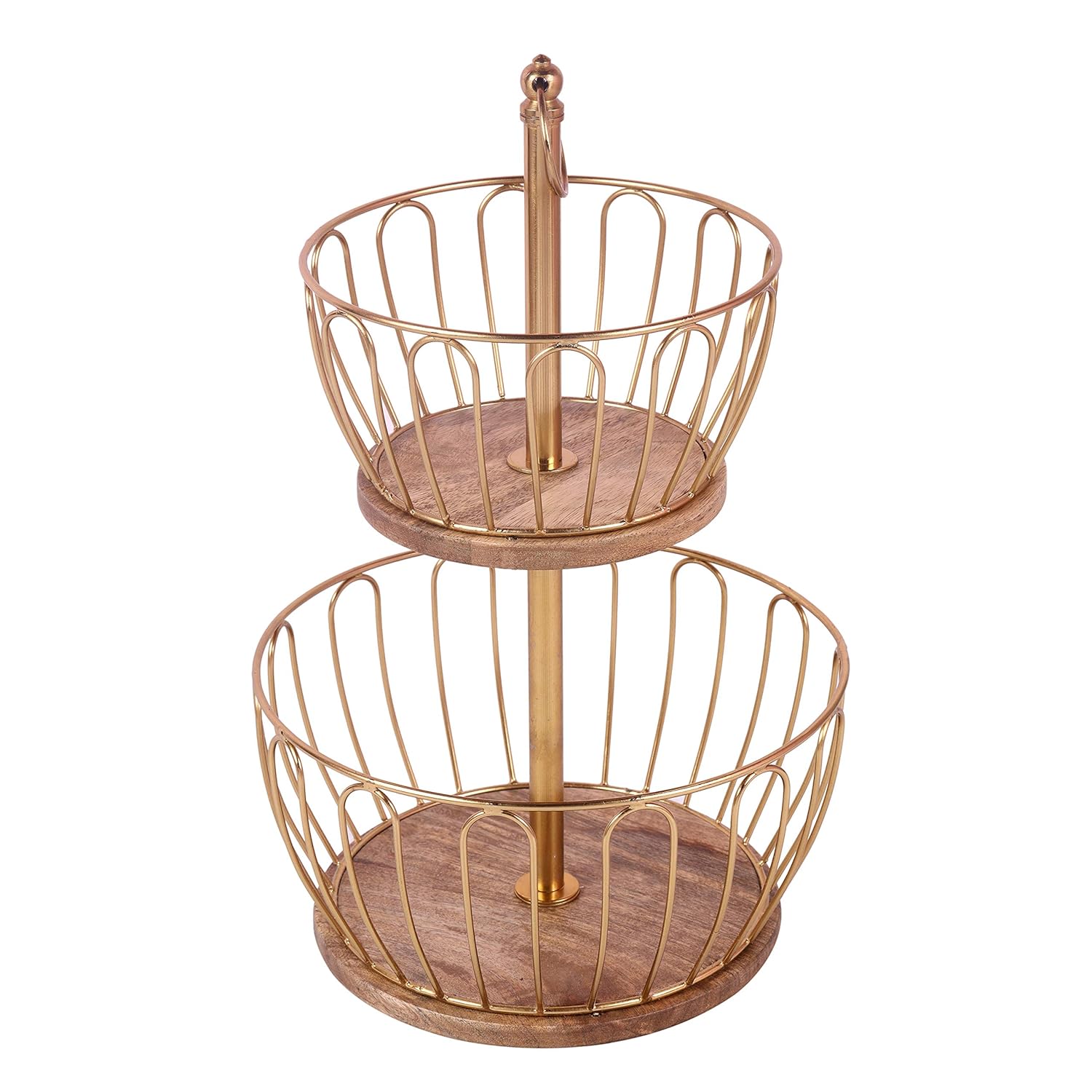 Two-Tier Gold Metal Fruit Basket Stand with Wooden Base | Kitchen Counter Organizer