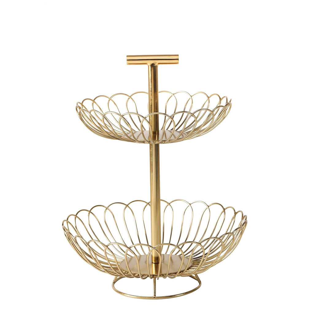 Two-Tier Gold Metal Fruit Basket Stand | Decorative Kitchen Counter Organizer