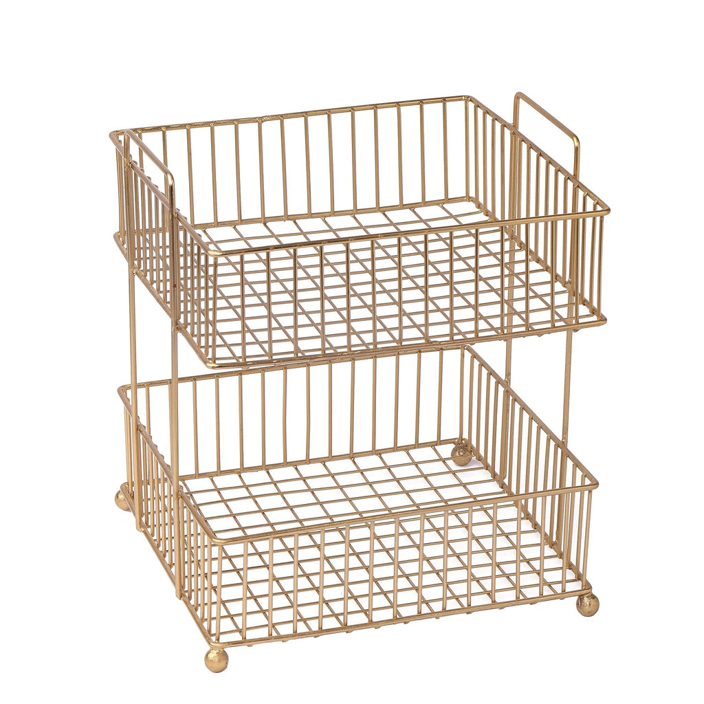Two-Tier Gold Metal Wire Storage Basket | Kitchen Counter Fruit & Vegetable Organizer