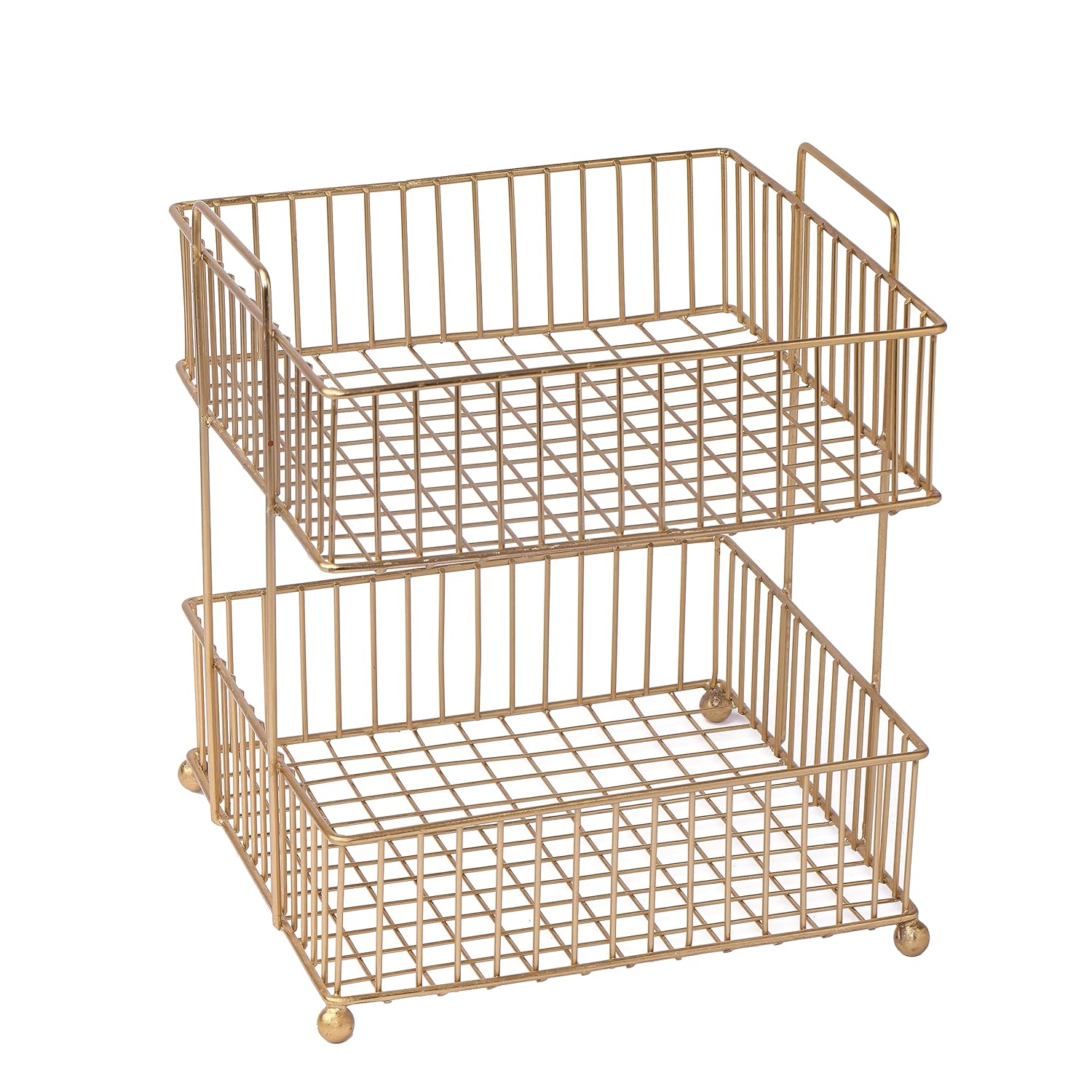 Two-Tier Gold Metal Wire Storage Basket | Kitchen Counter Fruit & Vegetable Organizer