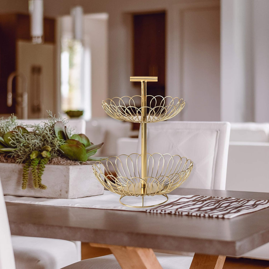 Two-Tier Gold Metal Fruit Basket Stand | Decorative Kitchen Counter Organizer