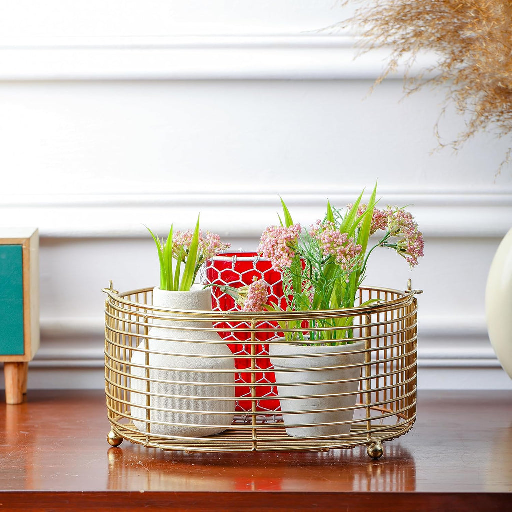 Decorative Metal Storage Basket | Countertop Organizer with Handles