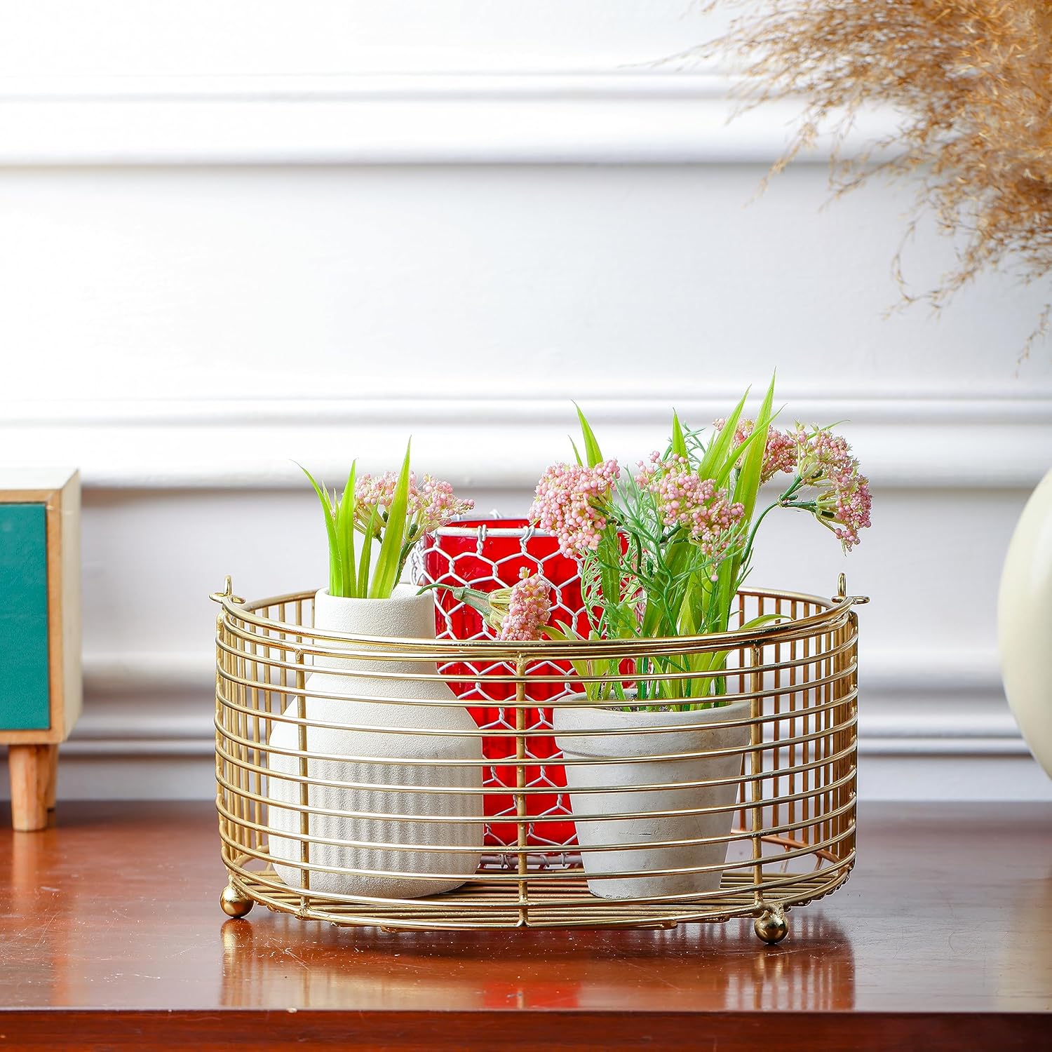 Decorative Metal Storage Basket | Countertop Organizer with Handles