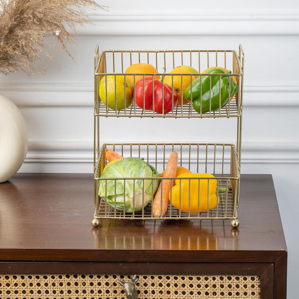 Two-Tier Gold Metal Wire Storage Basket | Kitchen Counter Fruit & Vegetable Organizer