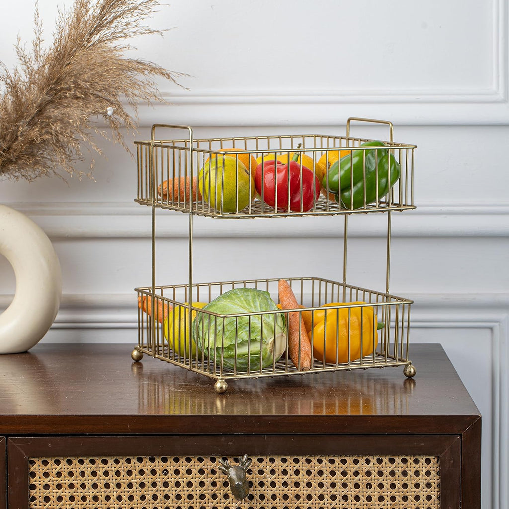 Two-Tier Gold Metal Wire Storage Basket | Kitchen Counter Fruit & Vegetable Organizer