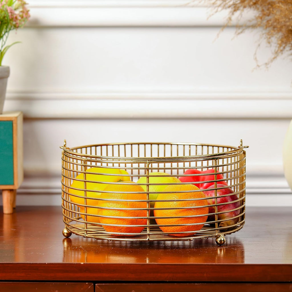 Decorative Metal Storage Basket | Countertop Organizer with Handles