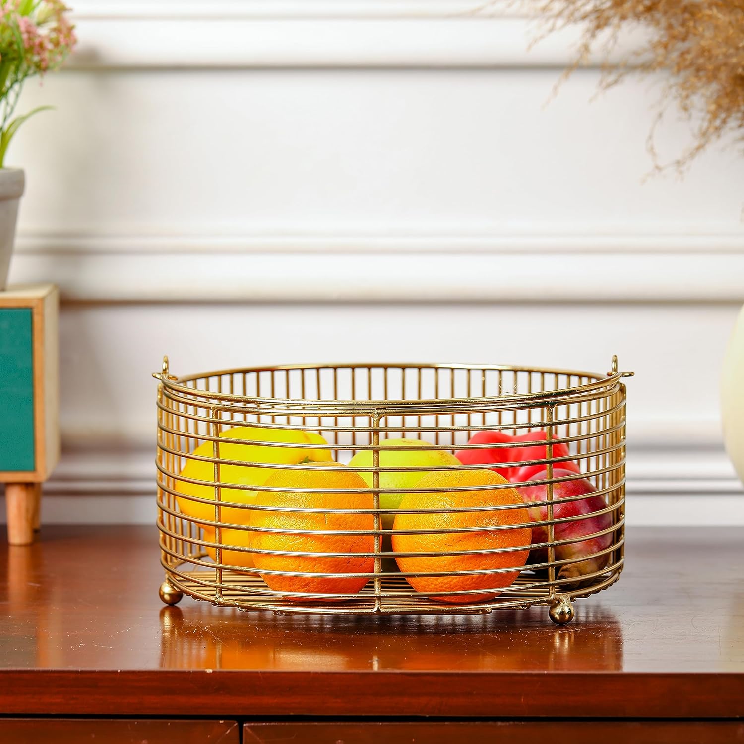 Decorative Metal Storage Basket | Countertop Organizer with Handles