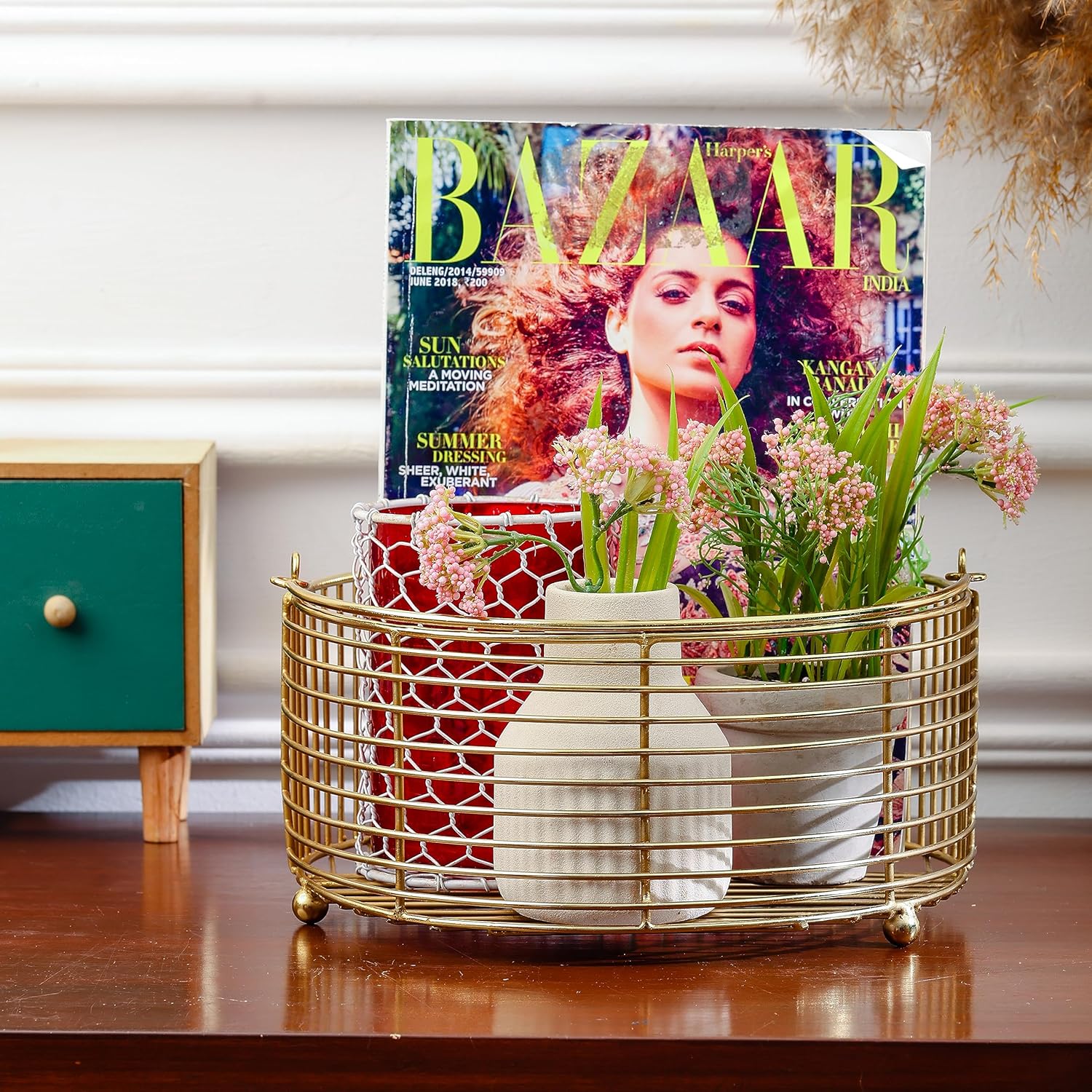 Decorative Metal Storage Basket | Countertop Organizer with Handles