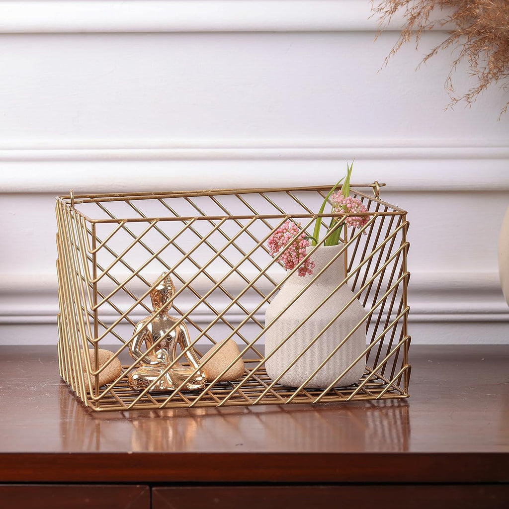 Decorative Gold Storage Basket | Metal Wire Shelf Organizer