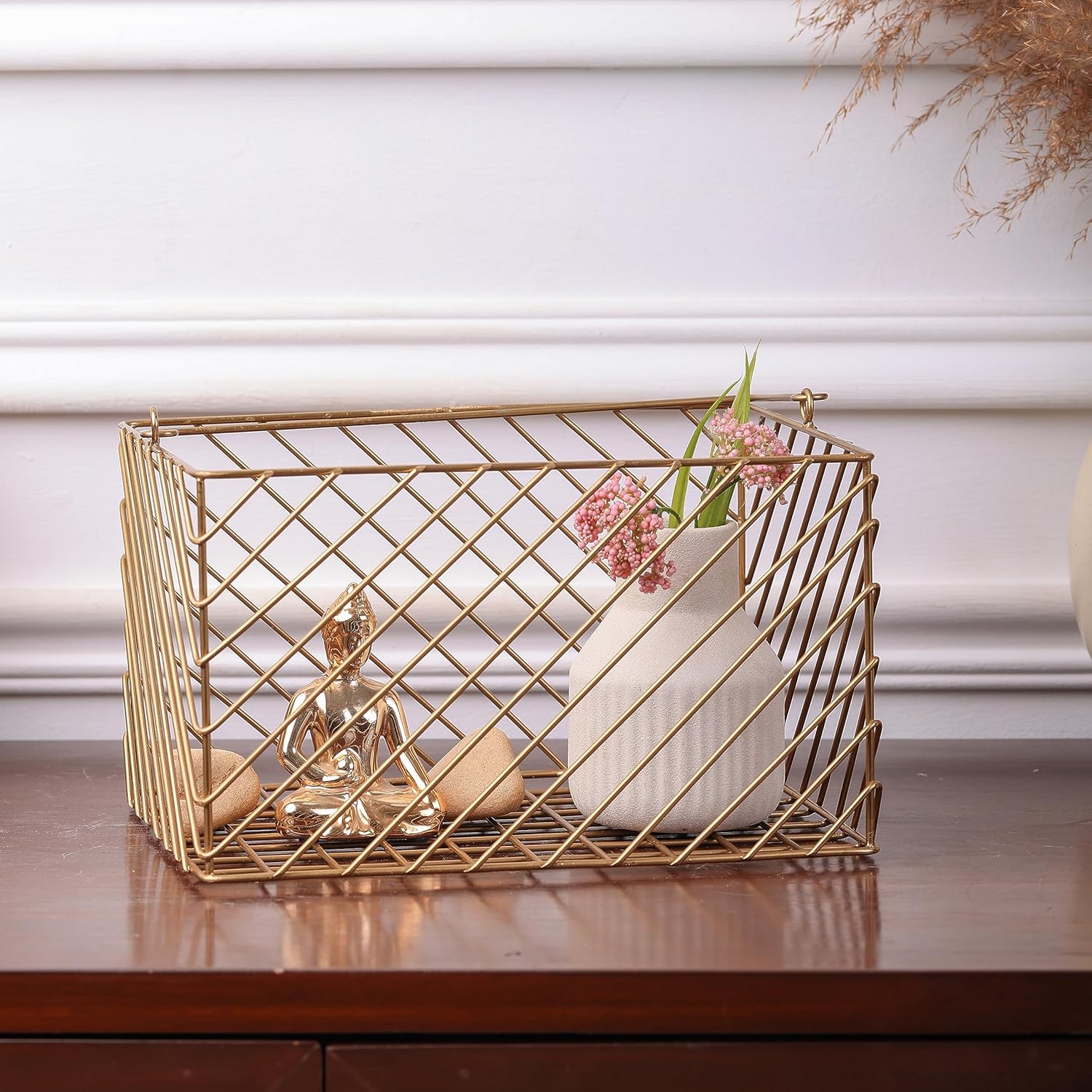 Decorative Gold Storage Basket | Metal Wire Shelf Organizer