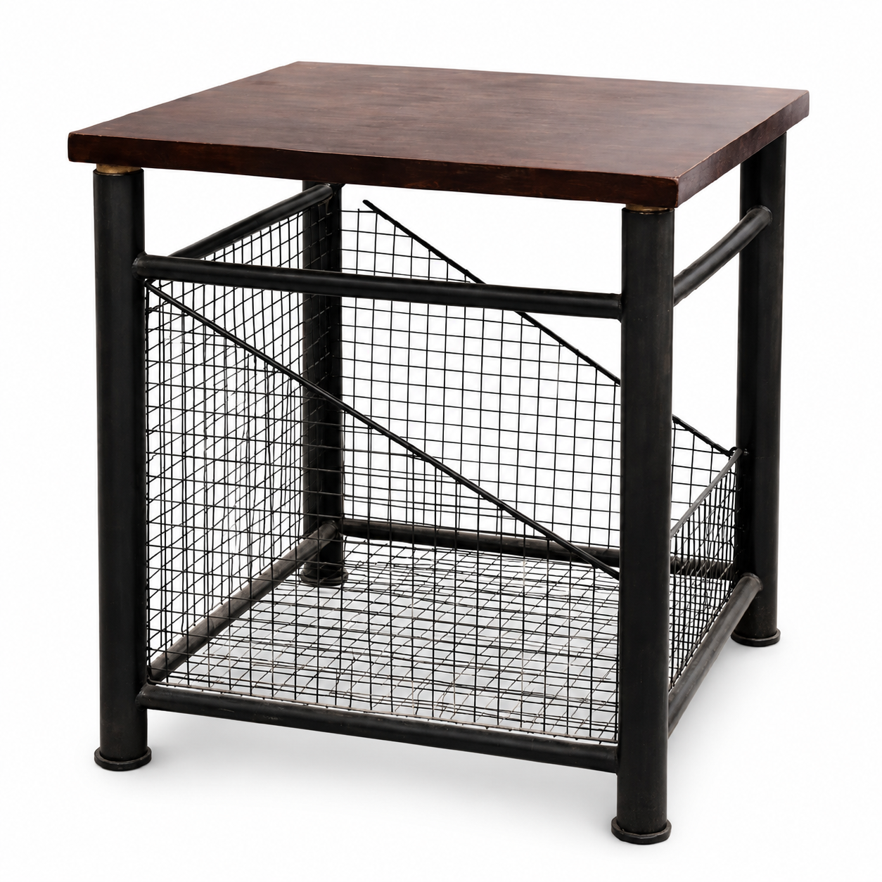 Industrial Side Table with Wire Mesh Storage Shelf