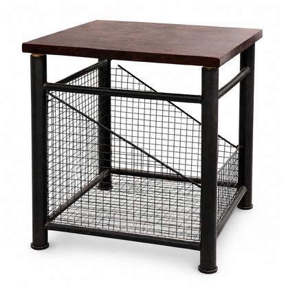 Industrial Side Table with Wire Mesh Storage Shelf