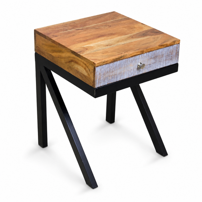 Industrial Sheesham Wood & Iron Side Table with Drawer
