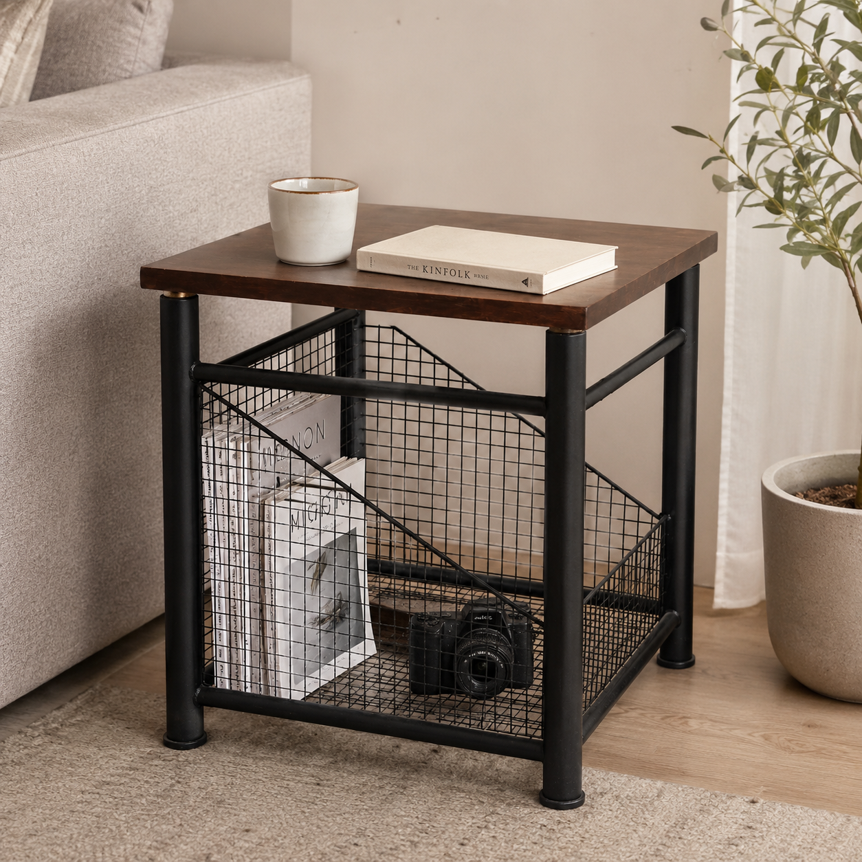 Industrial Side Table with Wire Mesh Storage Shelf