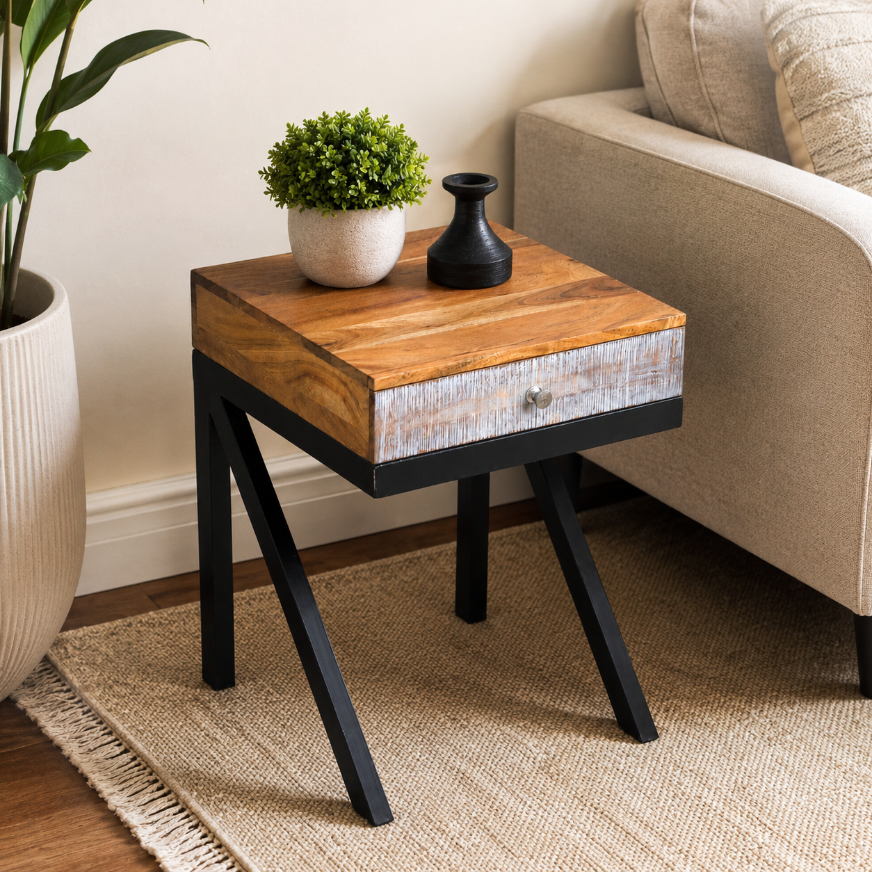 Industrial Sheesham Wood & Iron Side Table with Drawer