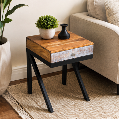 Industrial Sheesham Wood & Iron Side Table with Drawer