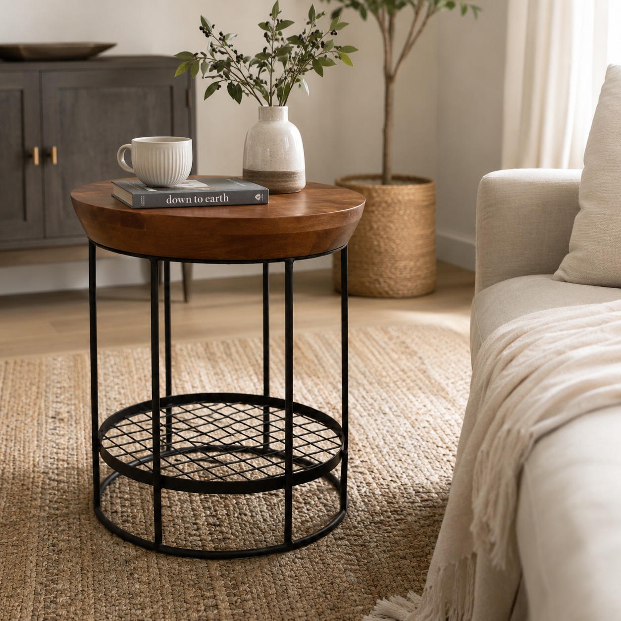Round Side Table with Storage Shelf