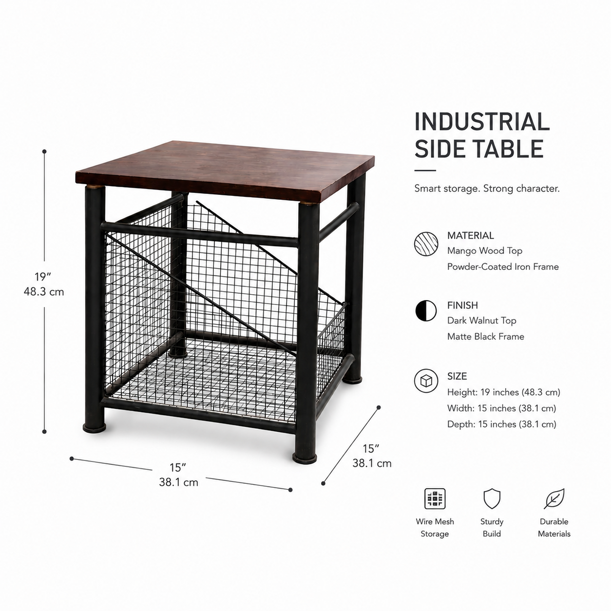 Industrial Side Table with Wire Mesh Storage Shelf