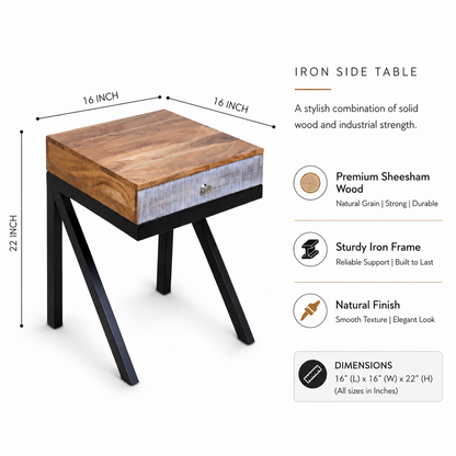 Industrial Sheesham Wood & Iron Side Table with Drawer