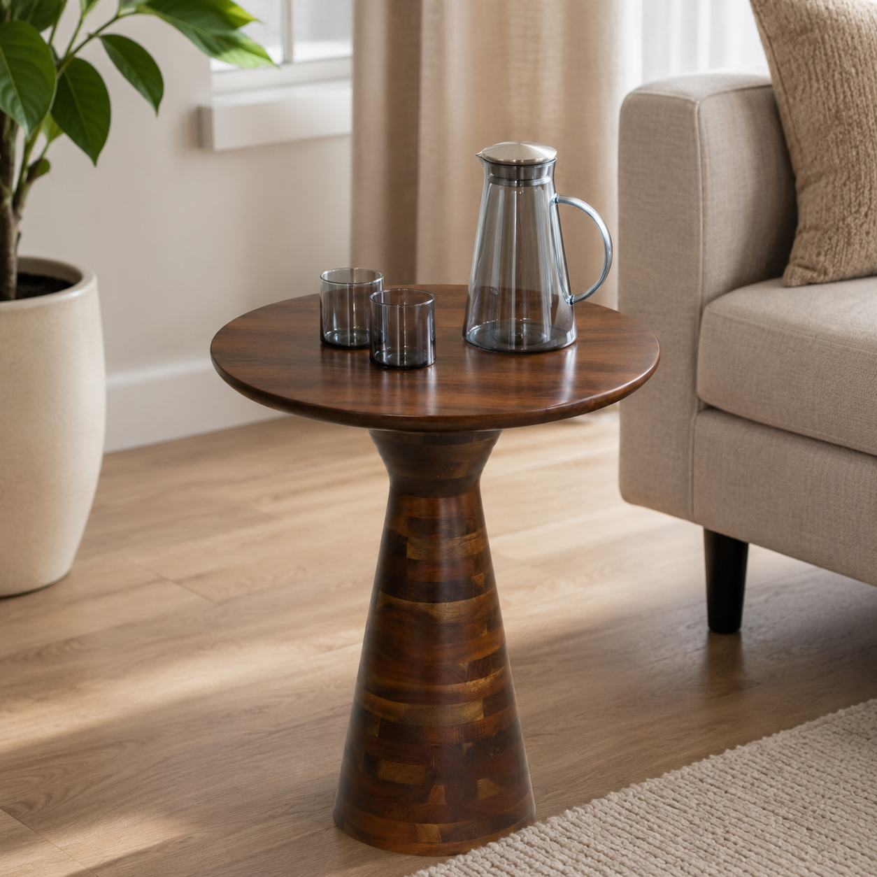 Round Sheesham Wood Pedestal Side Table
