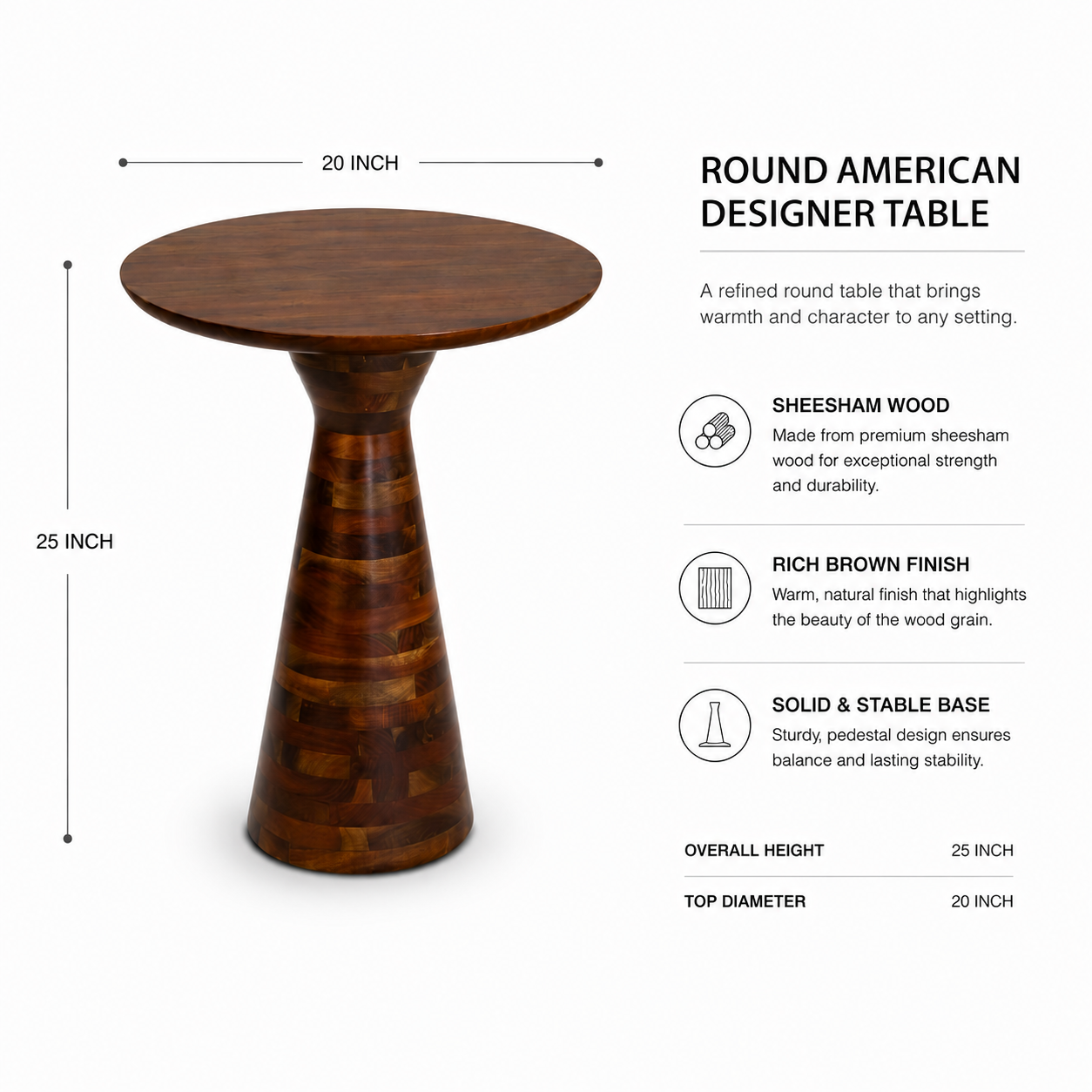Round Sheesham Wood Pedestal Side Table