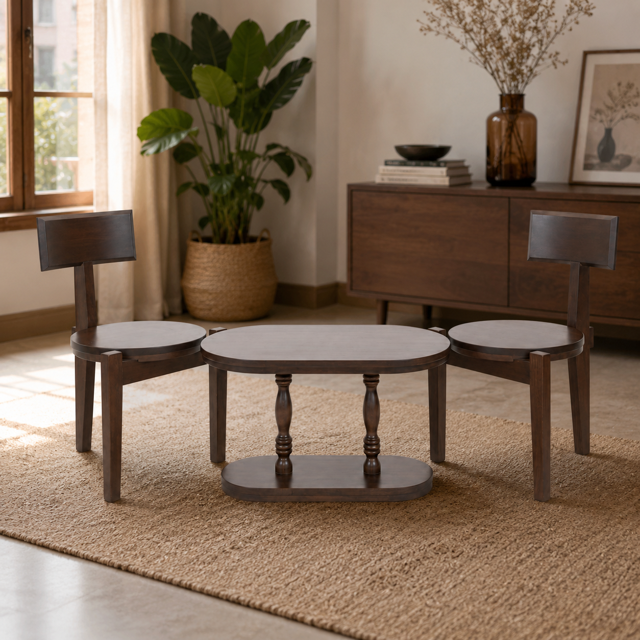 Round Coffee Table with 2 Wooden Chairs