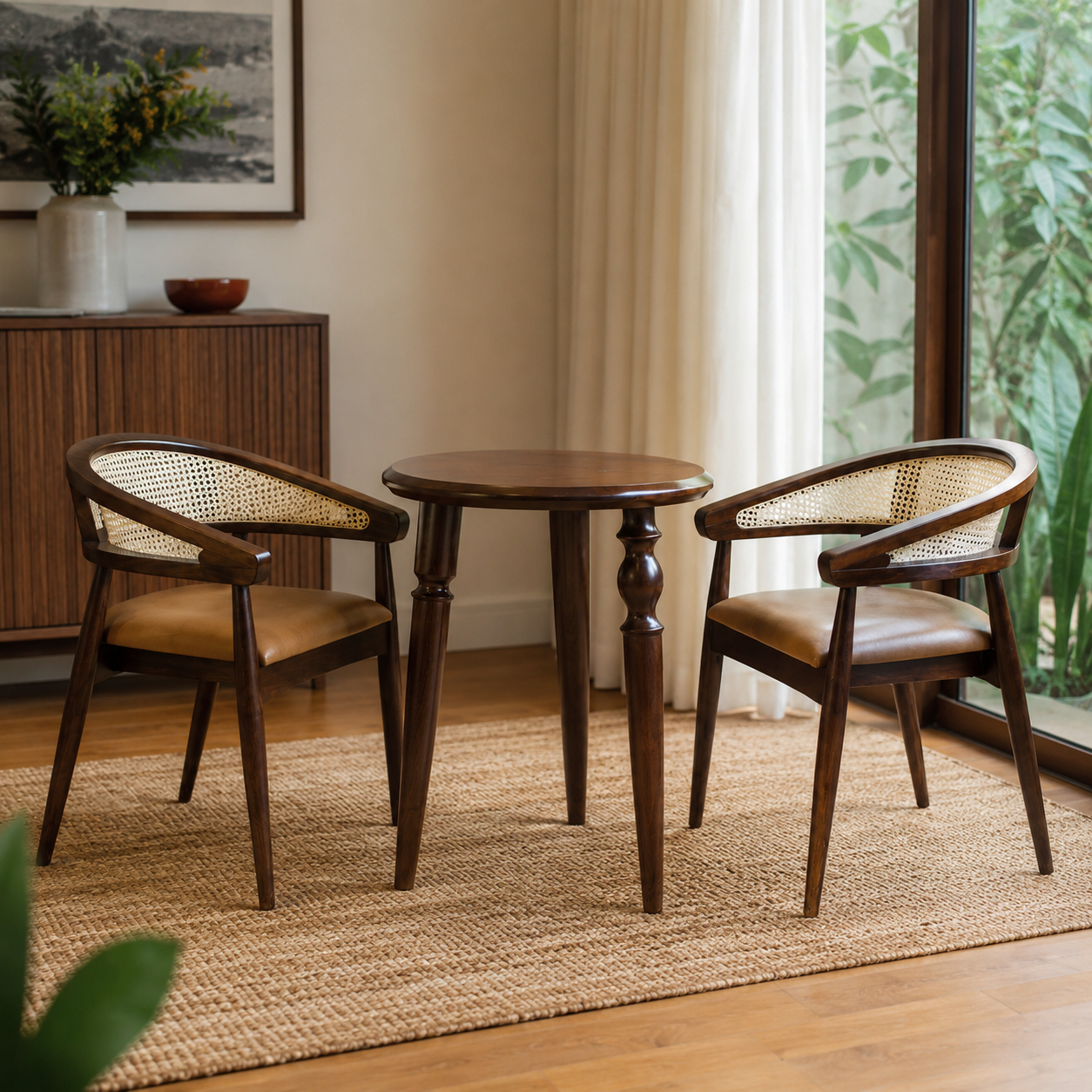 2 Seater Rattan Dining Set with Sheesham Wood Table & Chairs